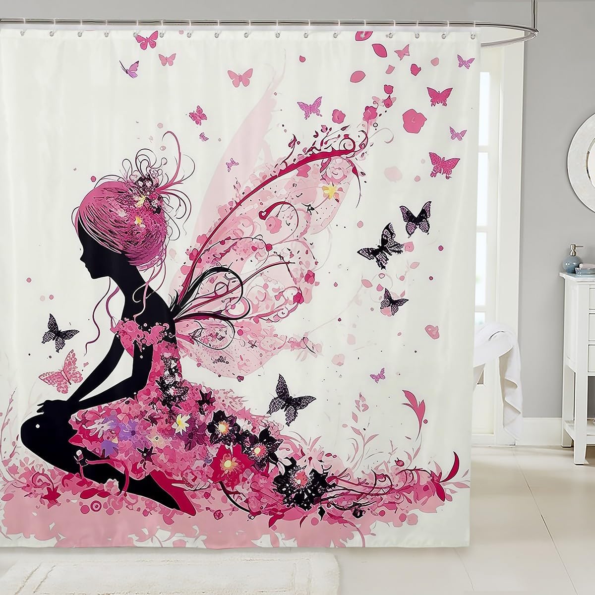 

Pink Fairy Shower Curtain Magical Butterfly Art Romantic Bathroom Decor Linen180X230 W60H190(CM)-1 Pcs
