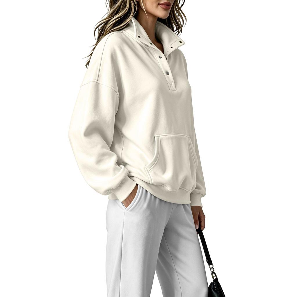 Women's Color Stand Collar Button Up Sweatshirt Fashion Casual Long Sleeve Top