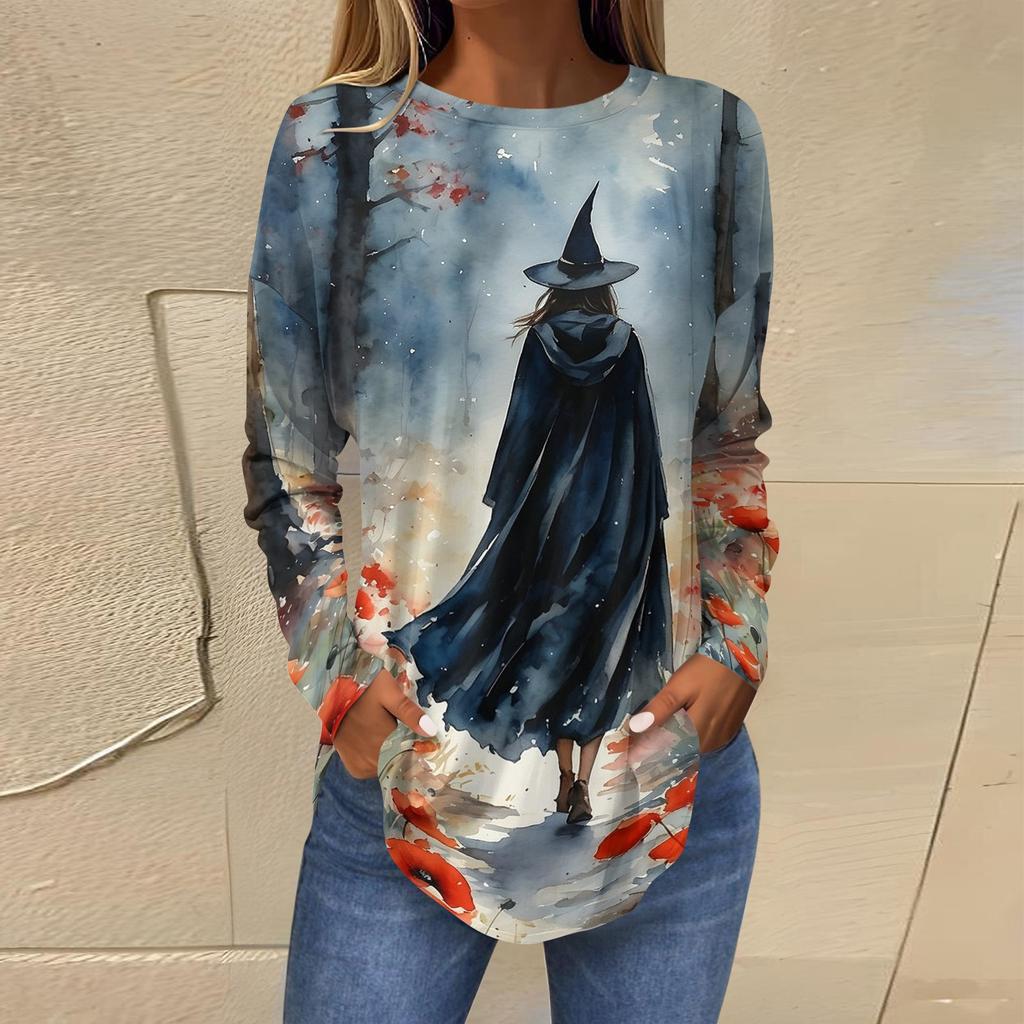 Women's Loose Fit Round Neck Long Sleeve Halloween Printed T-Shirt Vintage Irregular Hem Pullover
