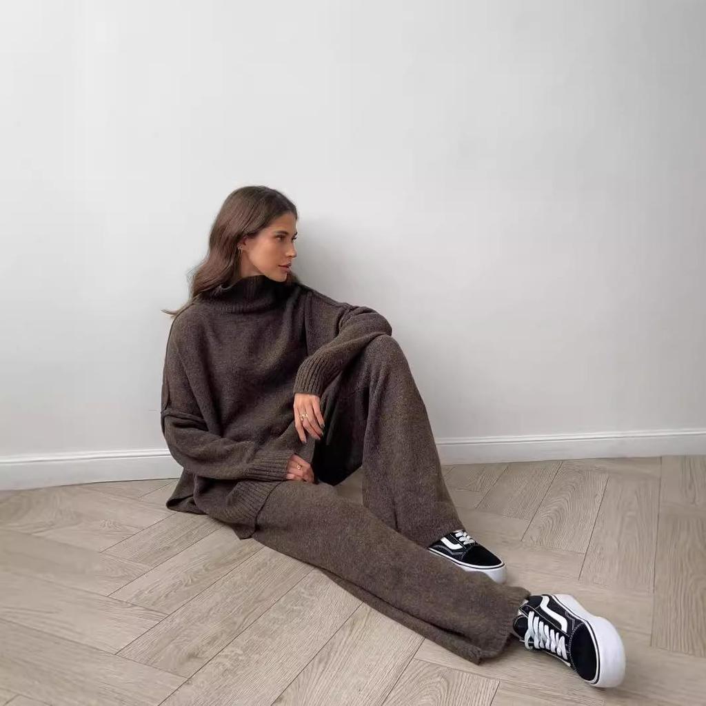 2025 Women's High Neck Wool Sweater & Slit Pants Set – European & American Loose Casual Two-Piece