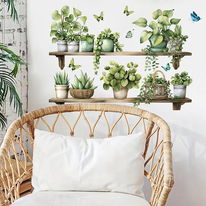 Watercolor Potted Plant Butterflies Wall Stickers For Living Room Decoration Wall Decals Bedroom Home Decor Background