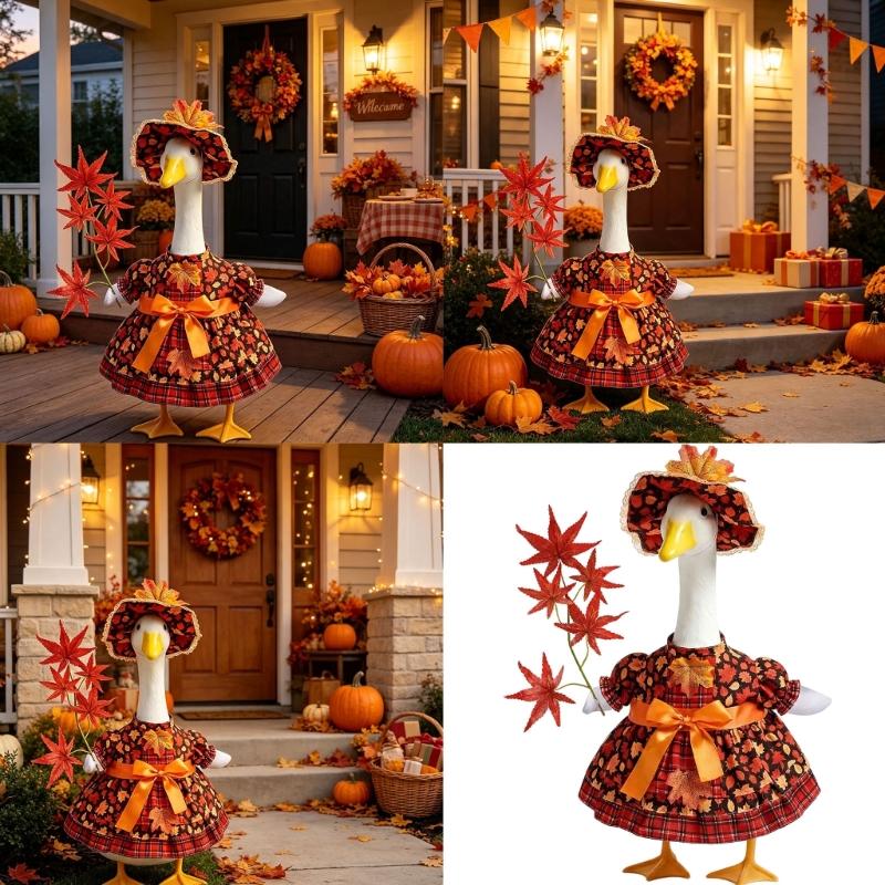Maple Leaf Porch Bird Dress Set for Front Door Display, 21Inch Bird Statue Outfit with Matching Hat for Porch Animal Statue Decoration