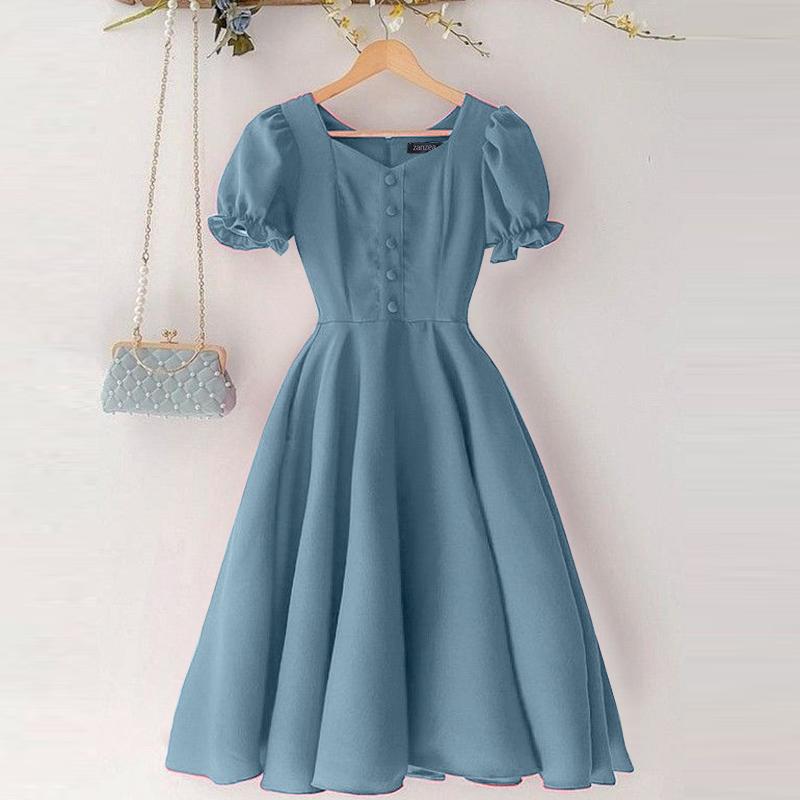 ZANZEA Women Casual Square Neck Loose Summer Puff Short Sleeve Dress