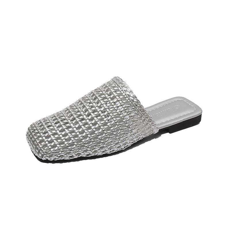 Silver Outer Wear Hollow Woven Bag Head Half Slippers Women's Summer 2025 New Versatile Internet Celebrity Flat Cool Slippers