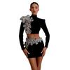 New fashion bandage set, long-sleeved fixed diamond half-turtleneck top and short hip skirt, black two-piece set.