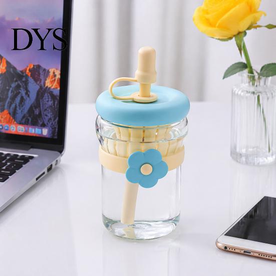 Colorful Borosilicate Glass Tea Cup Straw Cup, with Detachable Filter, Macaron Color Flower Cute Bottle Decor, Portable Heat Resistant Travel Mug, for