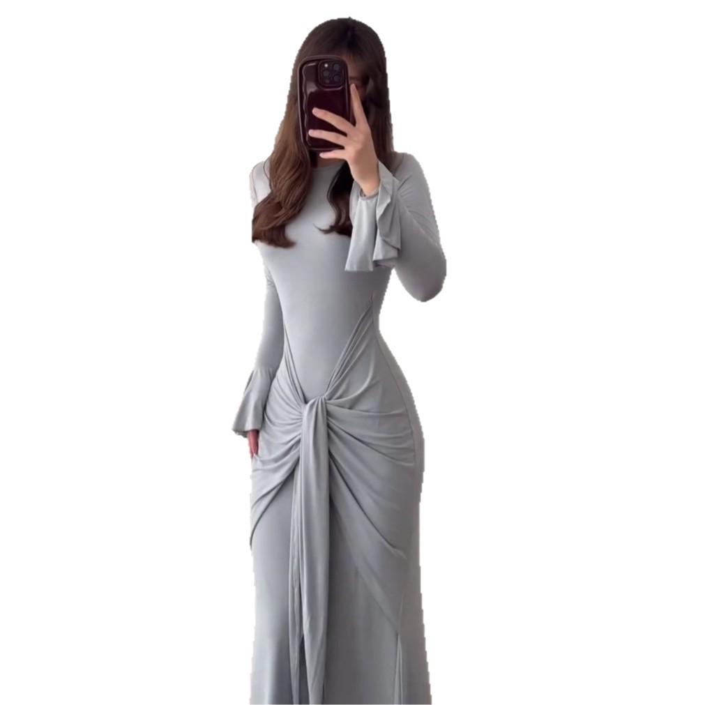 2025 Summer European & American Women's Tie Waist Long Sleeve Slimming Dress