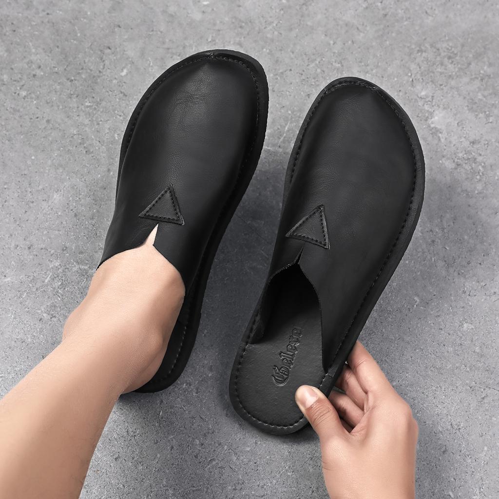 Fashion Fashion Men‘s PU Leather Slippers All-match Summer Half Drag Leisure Walk Male Slides Otdoor Beach Sandals Handmade Lazy Shoes