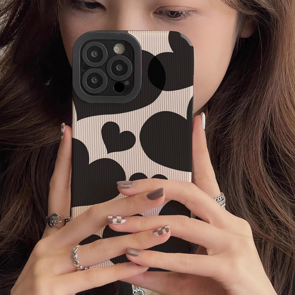 Fashion Black Love Heart Silicone Case For iPhone 17 Air 16 14 Plus 12 13 11 15 Pro Max Mini Leather Shockproof Full Cover