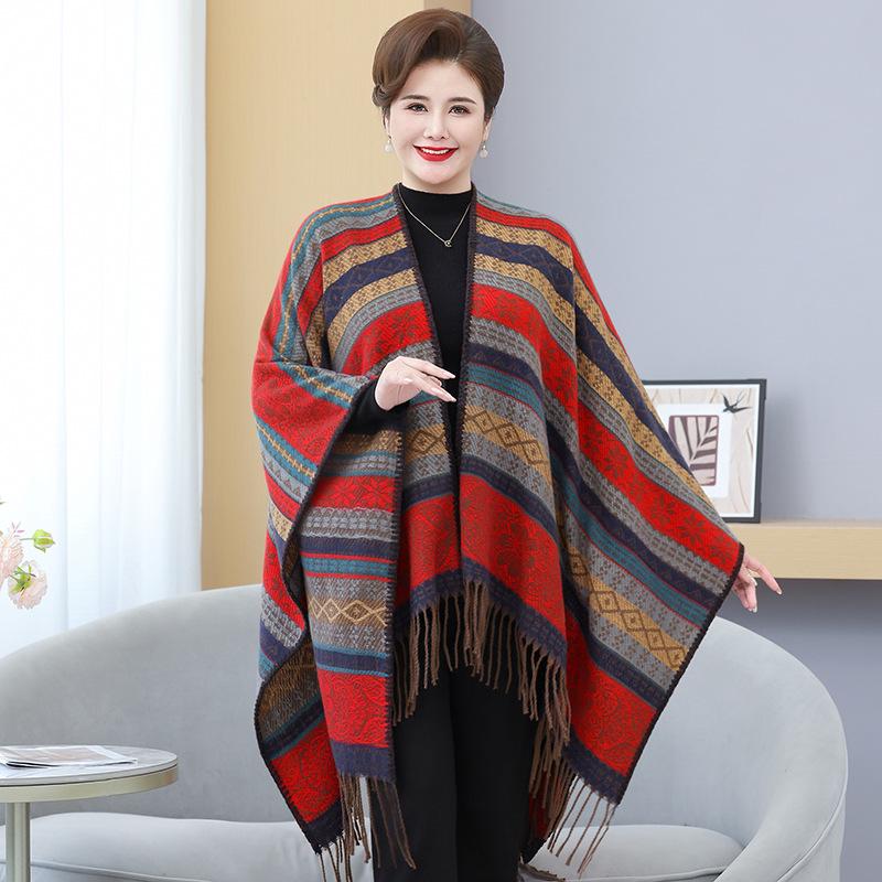 Damen Übergröße Geometrischer Ethno-Stil Gestrickter Gestreifter Schal (2025)