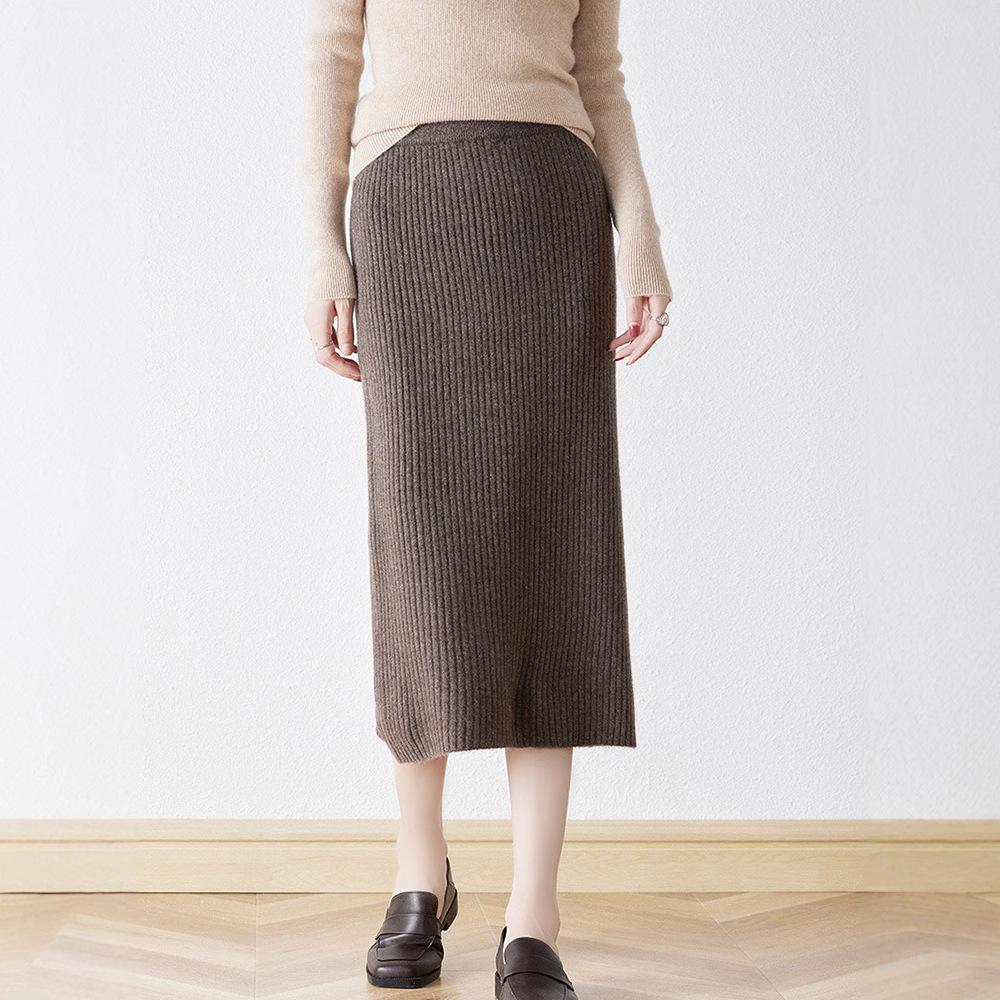 Women's 100% Wool Elastic High-Waist Knitted Midi Skirt with Back Slit