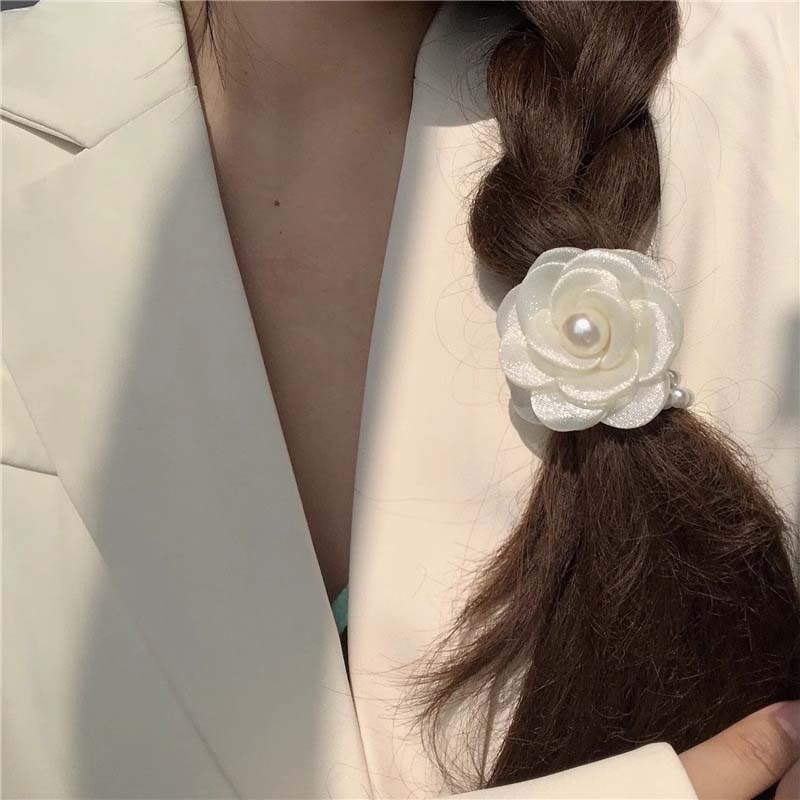 Korean White Camellia Flower Pearl Hair Rope For Women Sweet Elastic Ponytail Hair Holder Scrunchie Hair Accessories