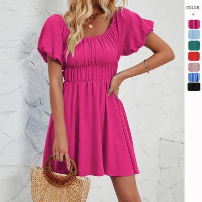 Off Shoulder Babydoll Dress Short Puff Sleeve Casual A Line Pleated Summer Dress