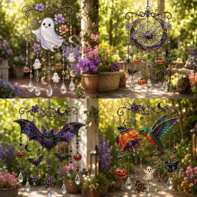 Halloween Entryway Hanging Ornament Acrylic Sun Catchers Wind Chimes with Crystal-Look Drop for Indoor Window Decors