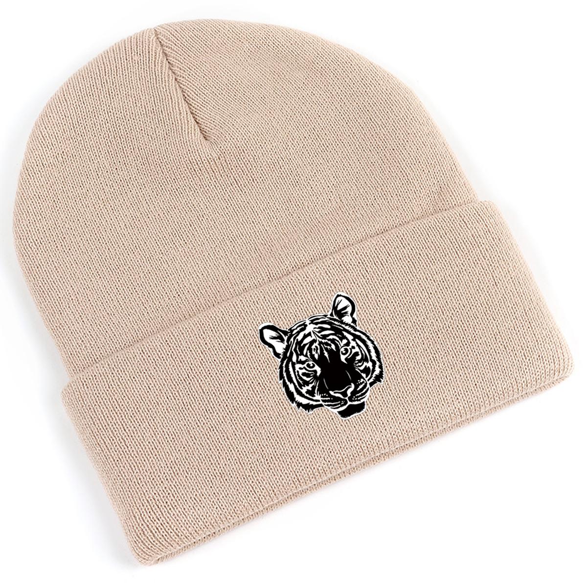 Черно-белая вязаная шапка с принтом головы тигра — фото 10