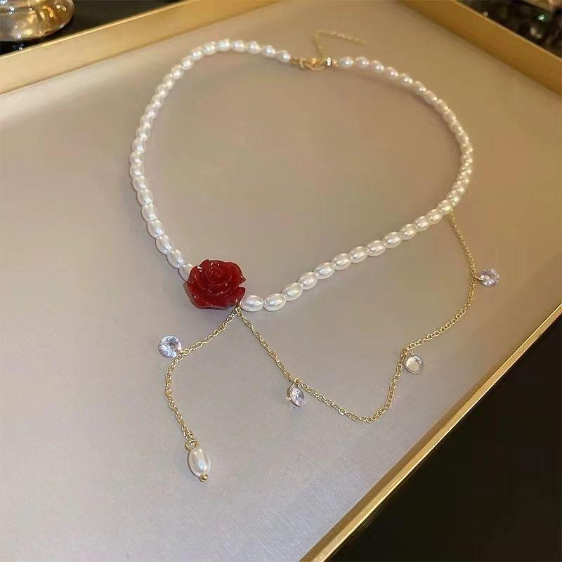 Rose Zircon Pearl Necklace Women's Light Luxury Niche Design Wind Neck Chain Collarbone Chain Temperament Necklace