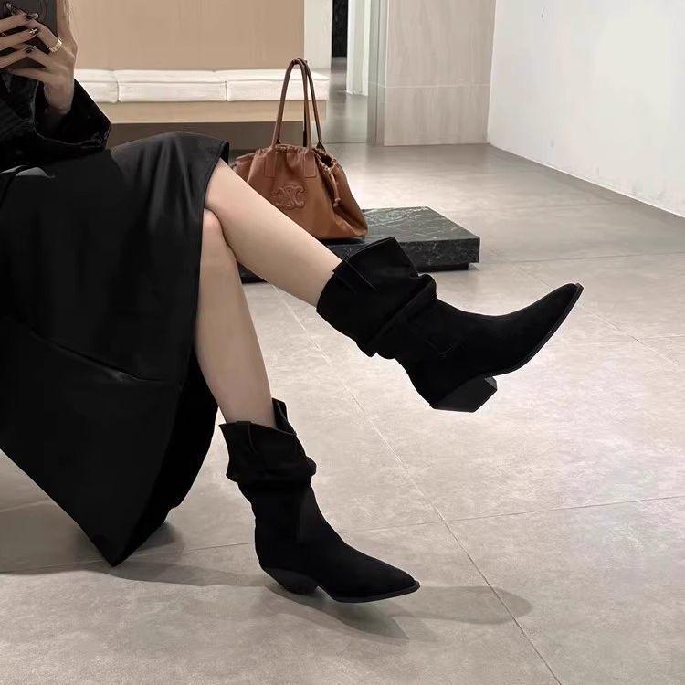 2025 Autumn/Winter Men's Suede Chunky Heel Pointed Toe Boots - Mid-Heel Ankle, Mid-Calf, High-Heel Slouch, Western Cowboy Styles