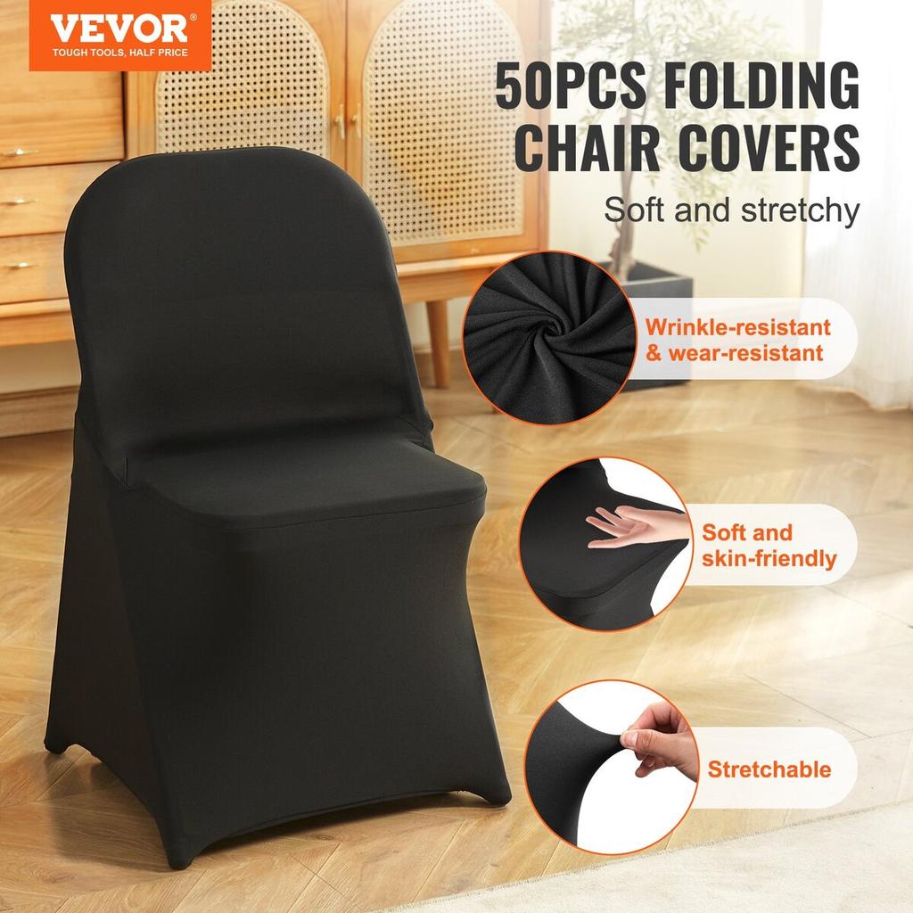 50PCS Black, Stretch Spandex Folding Chair Covers, Universal Fitted Chair Cover, Removable Washable Protective Slipcovers, for Wedding, Holiday,