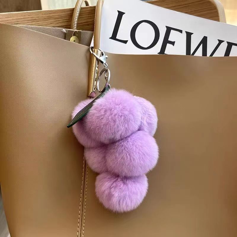 Cute Grape Poms Bag Chain Keychains Fluffy Pompoms Pendant Rex Rabbit Fur Pompoms Keyring Backpack Bag Accessories