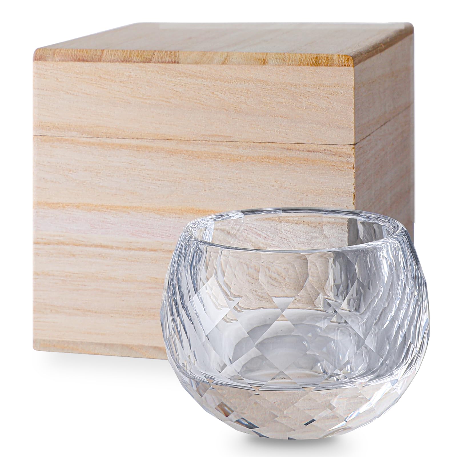 K9 Crystal Glass Sake Glass, Small Sake Cup, 60ml, Gift Set in Wooden Box, Transparent Diamond Cut Design, Hand-Cut Diamond Pattern, Sake/Shochu Shot