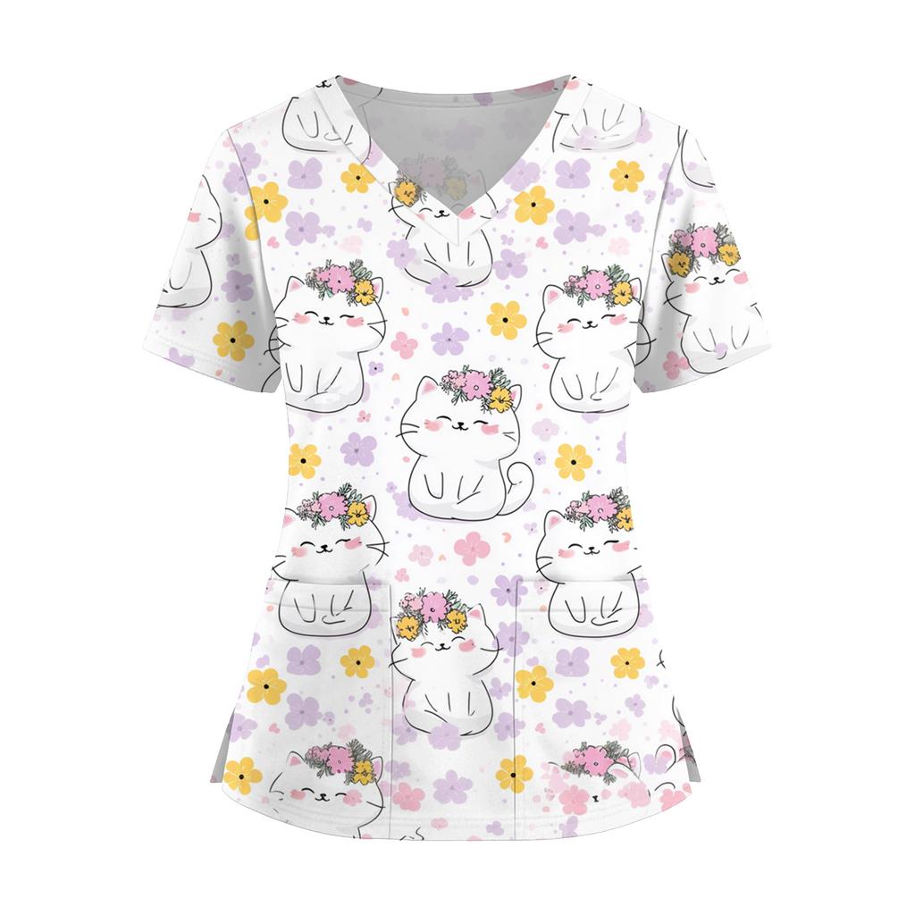 Women's Fashion V-Neck Short Sleeve Overalls With Pockets Print Tops Clothes
