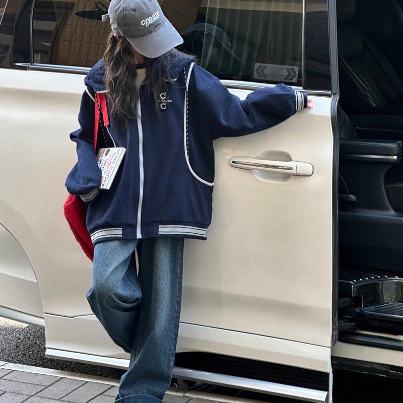 

Осень 2025 Девичья бейсбольная куртка с капюшоном в корейском стиле 140cm темно-синий