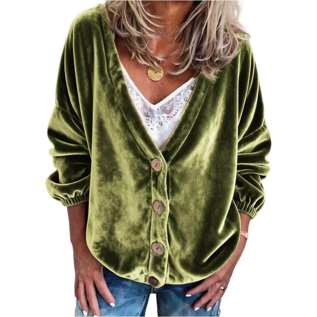 Women's Casual V,neck Long,sleeved Color Cardigan, Women's Velvet Top.