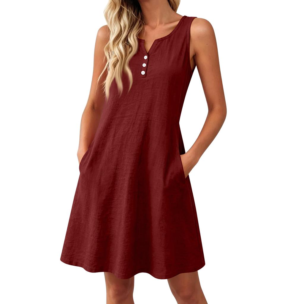 Summer Dresses Loose V Neck Sleeveless Sundresses Swimsuit Coverup With Pockets
