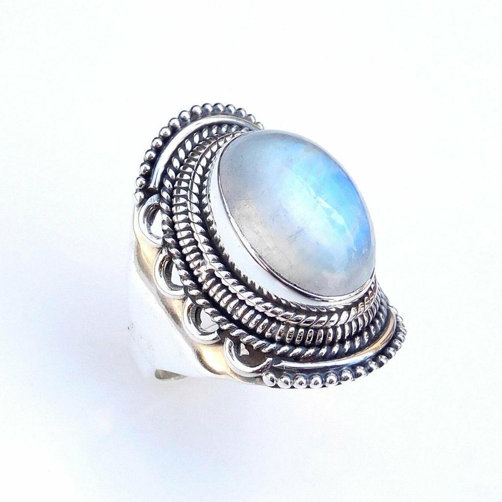 Natural Moonstone Handmade Solid Ring 925 Sterling Silver Fine Jewelry Statement Engagement Rings for Women