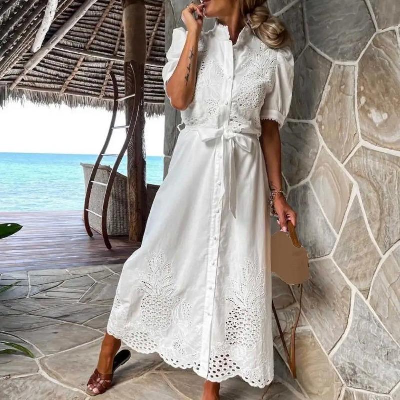 Dámské šaty se šněrováním Letní Elegantní Jednobarevné S Nabíranými Rukávy Maxi Šaty Vestidos Bohemské Letní Šaty Párty Roucho