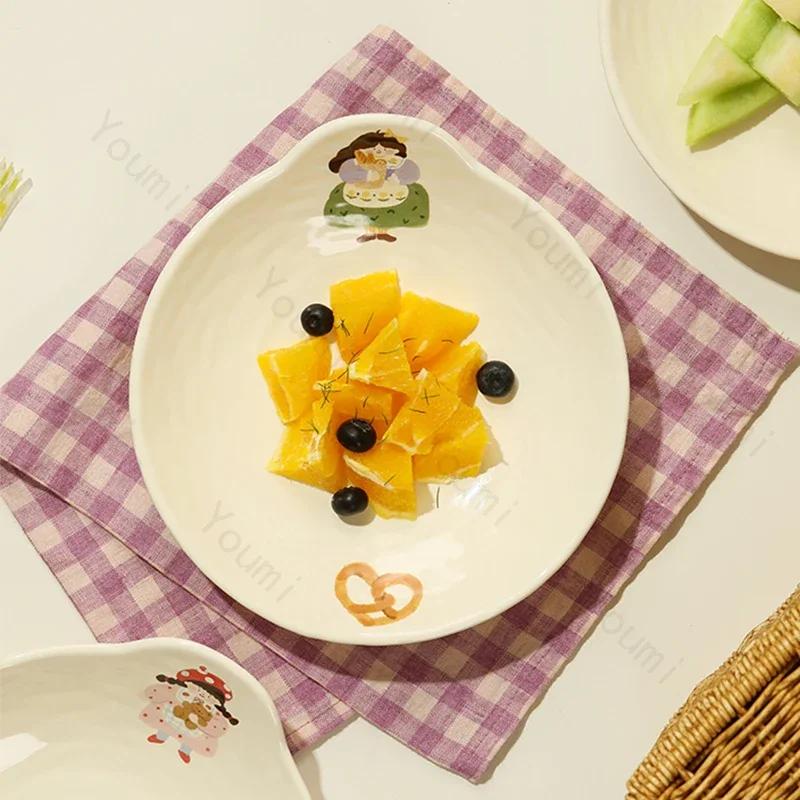Cartoon Anime Circular Ceramic Plate High End Restaurant Afternoon Tea Fruit Dessert Plate Home Pasta Plates Exquisite Tableware