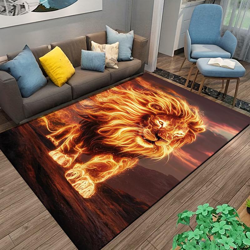 Fiery Lion Print Carpet with Bold Design in Warm Tones Suitable for use as an anti-slip for living room bedroom sofas