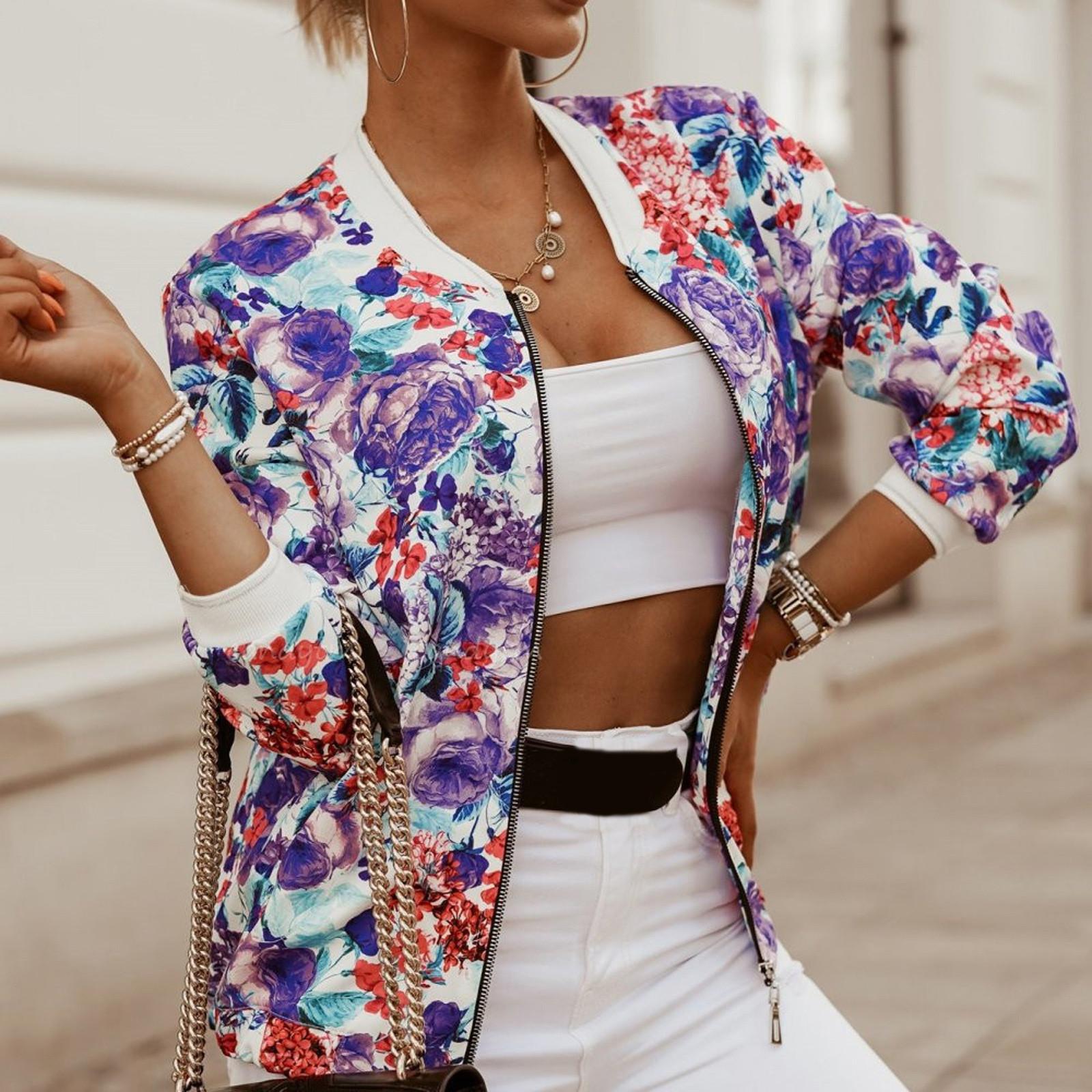 

Женская мода с длинным рукавом на молнии с принтом повседневная короткая куртка пальто S фиолетовый