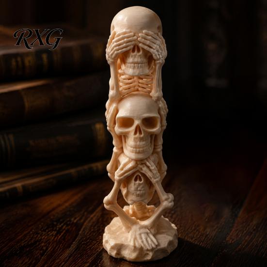 Creative Resin Crafts 3D Printed Triple Skull Statue, Halloween Horror Hear No Evil See Skeleton Figurines Speak Figurine, Desk Decor for Home Office