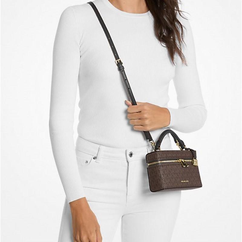 Michael Kors Jana Signature Zip Closure Gold Hardware Coated Canvas Tote Mini Women's Brown