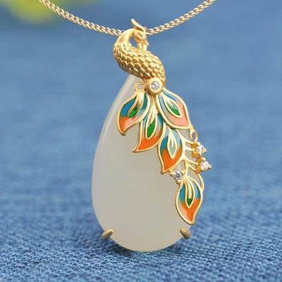 Classic Enamel Porcelain Inlaid Zircon Natural Hetian Jade Oval Peacock Necklace Exquisite Light Luxury Ladies  Jewelry