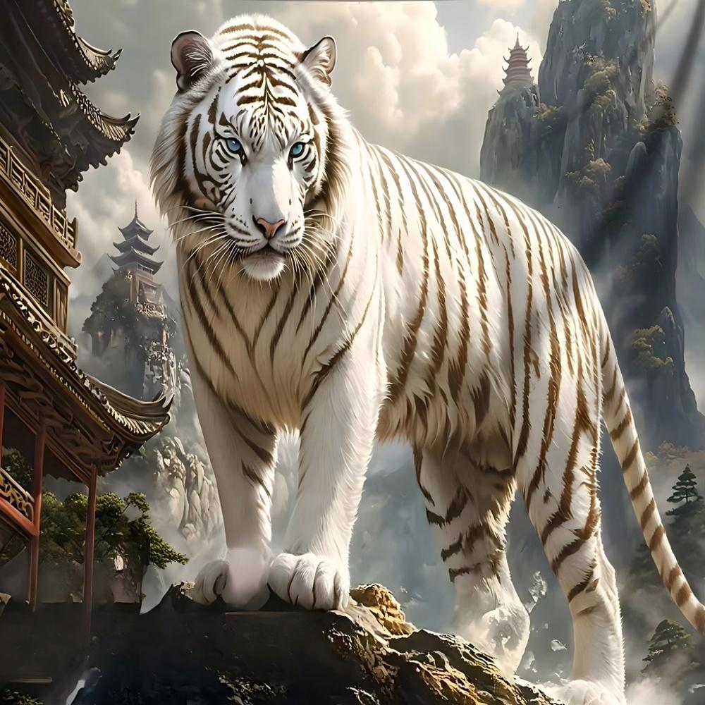 VIKAMA Luxury Oriental White Tiger Landscape Tapestry Living Room Study Bedroom Home Atmosphere Decoration Tapestry 74x94cm(29x37in)