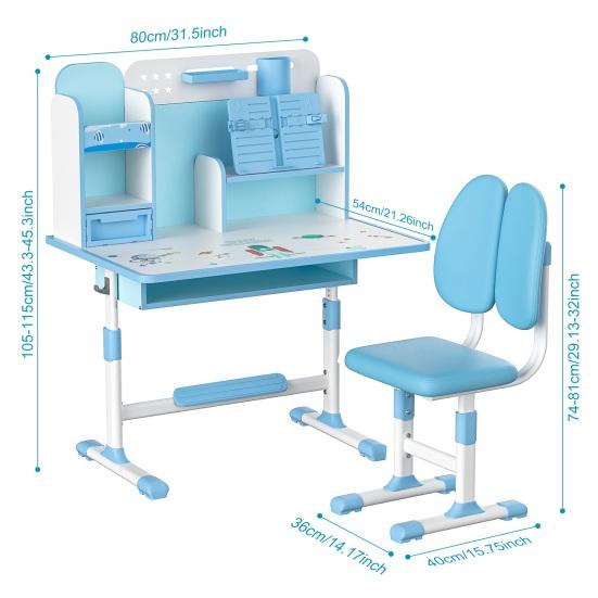 2 ks/sada Dětský psací stůl a židle Nastavitelná výška Psací stůl a židle s korektorem sezení Ergonomická židle ke stolu se stojanem na knihy (Růžová, Modrá)