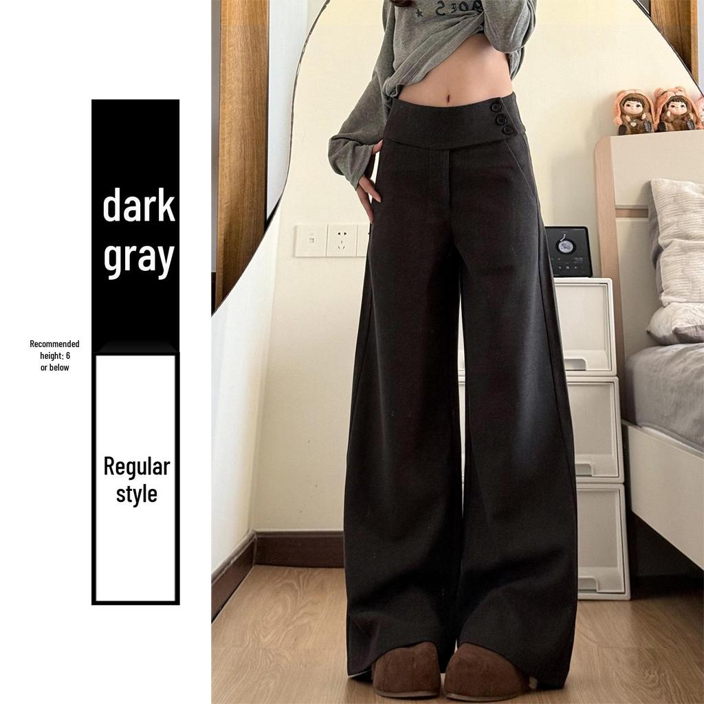 Deep Gray Women's Low-Waist Wool Suit Pants - 2025 Autumn/Winter, Straight-Leg, Buttoned, Loose Drape, High-End Wide-Leg Style