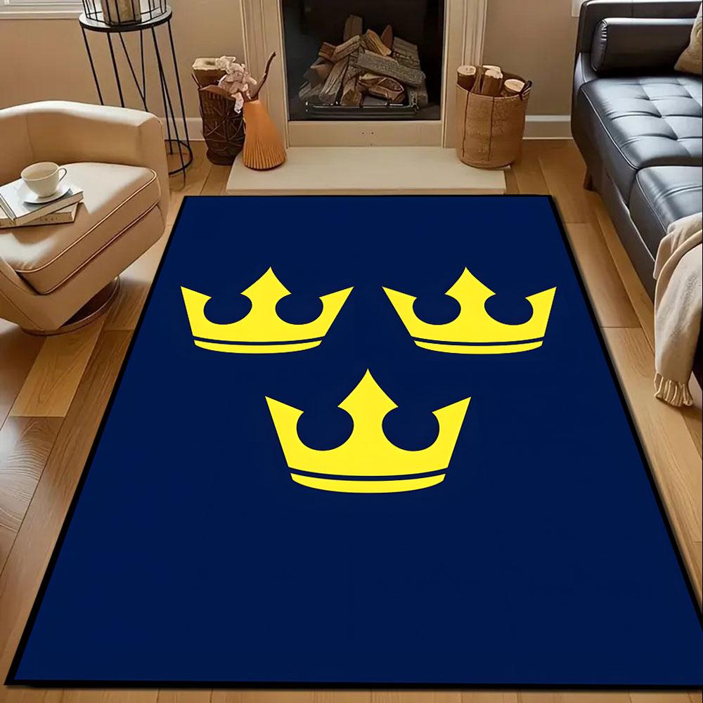 "Blue Carpet with Three Yellow Crowns" Patterned carpet, non slip mat suitable for living room and bedroom sofas