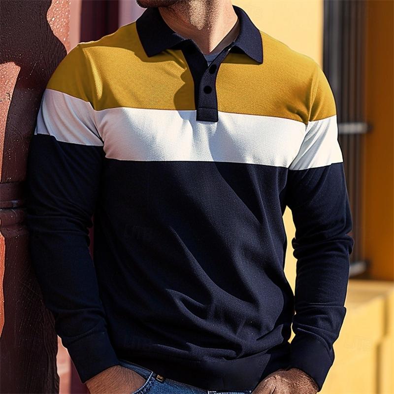 

Simple Stripe Pattern Polo Shirt Fashion Casual Mens 3D Printed Long Sleeve Polo T Shirts Loose Spring Autumn Streetwear Tops 3XL жовтий