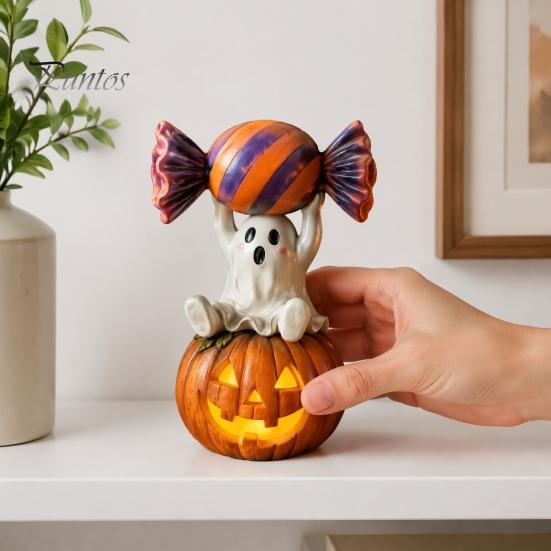 Spooky Holiday Decoration Halloween Ghost Figurine, Cute Sitting on Pumpkin Holding Candy Dark Sweet Room Decor Statue, Resin Table Ornament