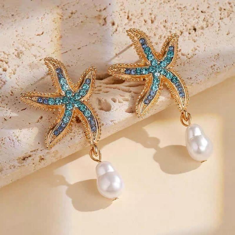 Bohemia Star Fish Earrings Drop Pearl Blue Rhinestones Dangle Earrings For Women Starfish Jewelry Summer Holiday Beach Gifts