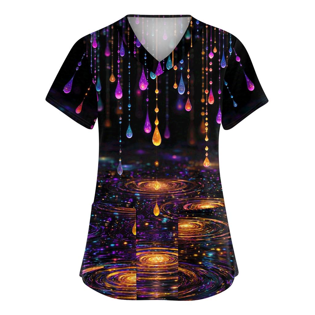 Women's Cute Printed Work Clothes V-neck Double Layer Pockets Basic Short Sleeve Top Pullover