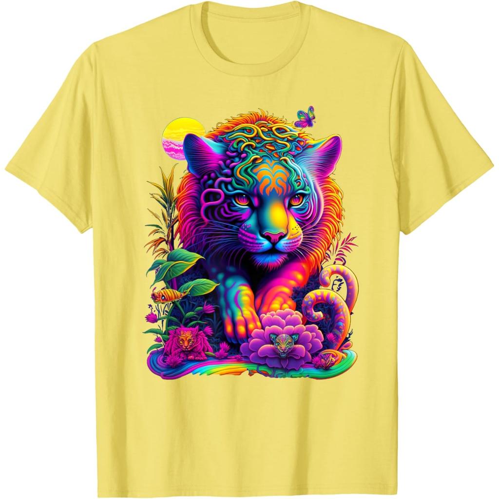 Vibrant Neon Jungle Cat Graphic Tshirt Men Summer Casual Breathable Crewneck Tee
