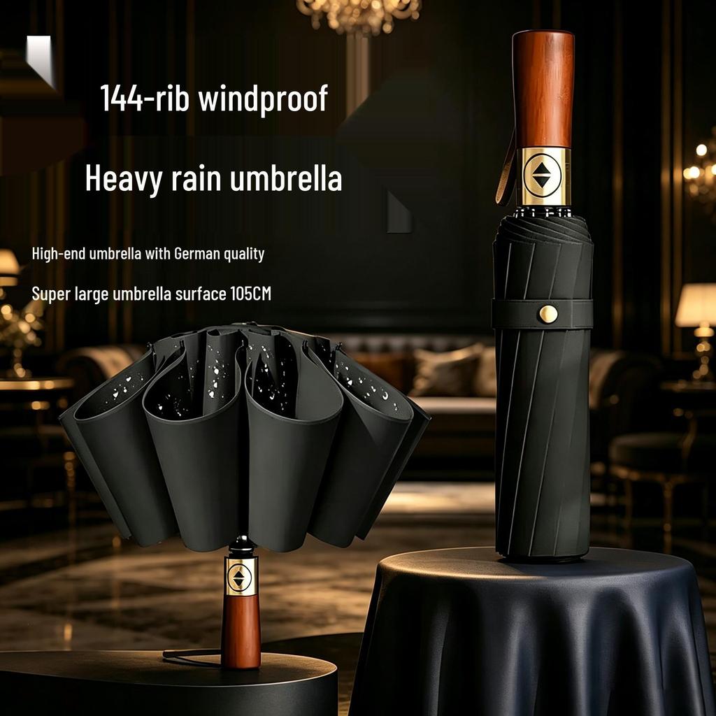 Sturdy Windproof UV-Protection Umbrella with Wooden Handle and 168 Reinforced Ribs for Sunny/Rainy Days
