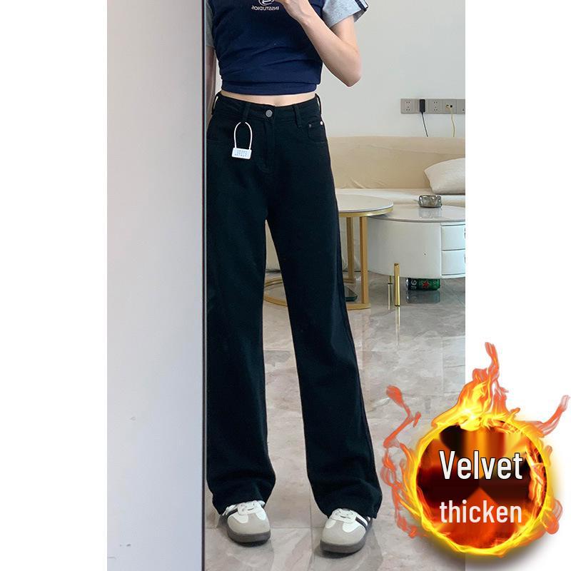 Women's High-Waisted Fleece-Lined Black Jeans - Plus Size, Slimming Straight/Narrow/Wide Leg for Autumn & Winter