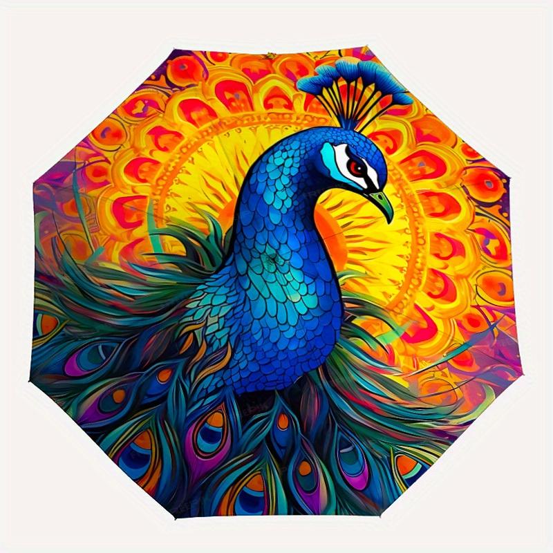 

1pc Peacock Mandala Compact Travel Umbrella, Automatic Folding Lightweight Windproof 8-Bone Reinforced Design, Portable for Backpack Durable