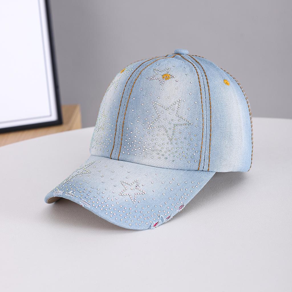 Vintage Chic Star-Shaped Rhinestone Five-Pointed Star Denim Distressed Baseball Cap - Suitable for Beach Vacation