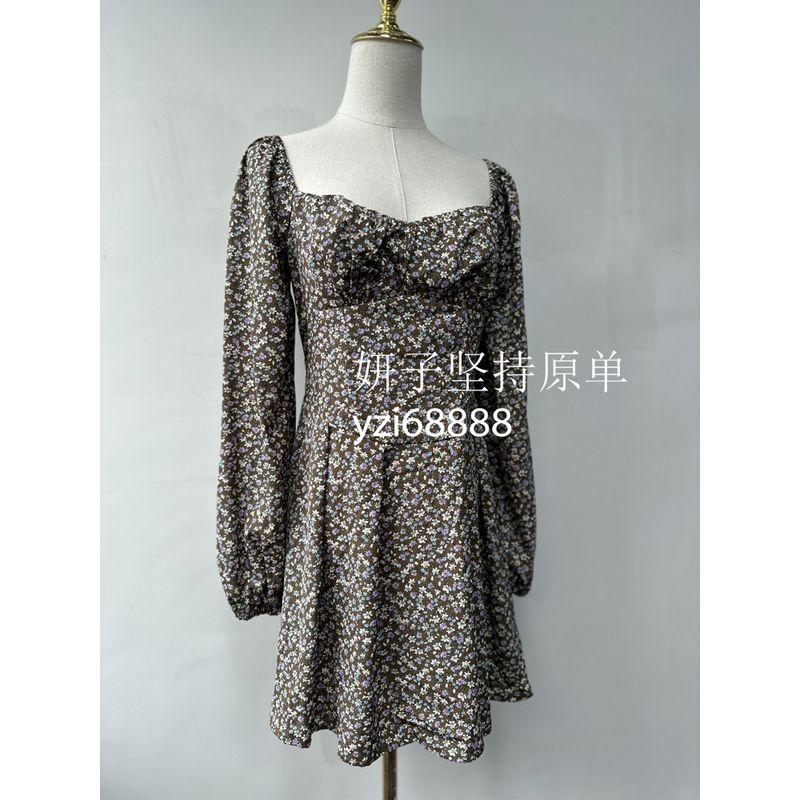 

Foreign Trade Original Order Chiffon Floral Long Sleeve off Shoulder Dress Coffee XL
